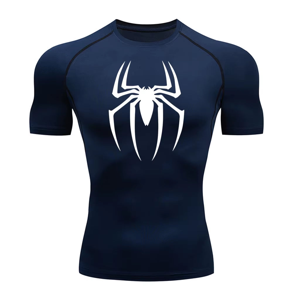 2024Men'S Spider Print Compression Shirt, Quick Dry T-Shirt, Gym Running Jersey, Breathable Short Sleeve, Spring, Summer, M-3XL